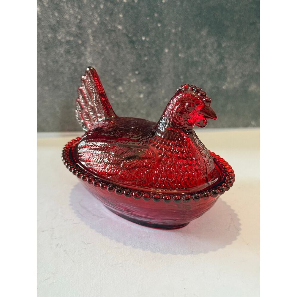 Vintage Ruby Red Glass Hen On Nest Covered  Dish Beaded Rim 5 Inch - Picture 7 of 13